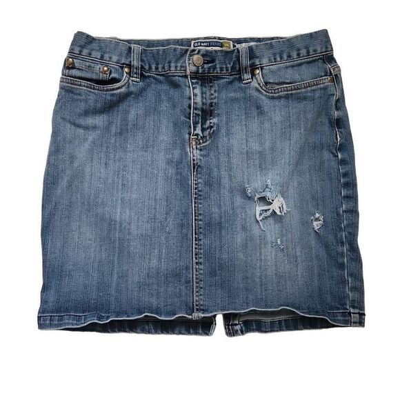 Old Navy Ladies Size 8 Blue Jean Stretch Low Waist Distressed Skirt - Picture 1 of 5